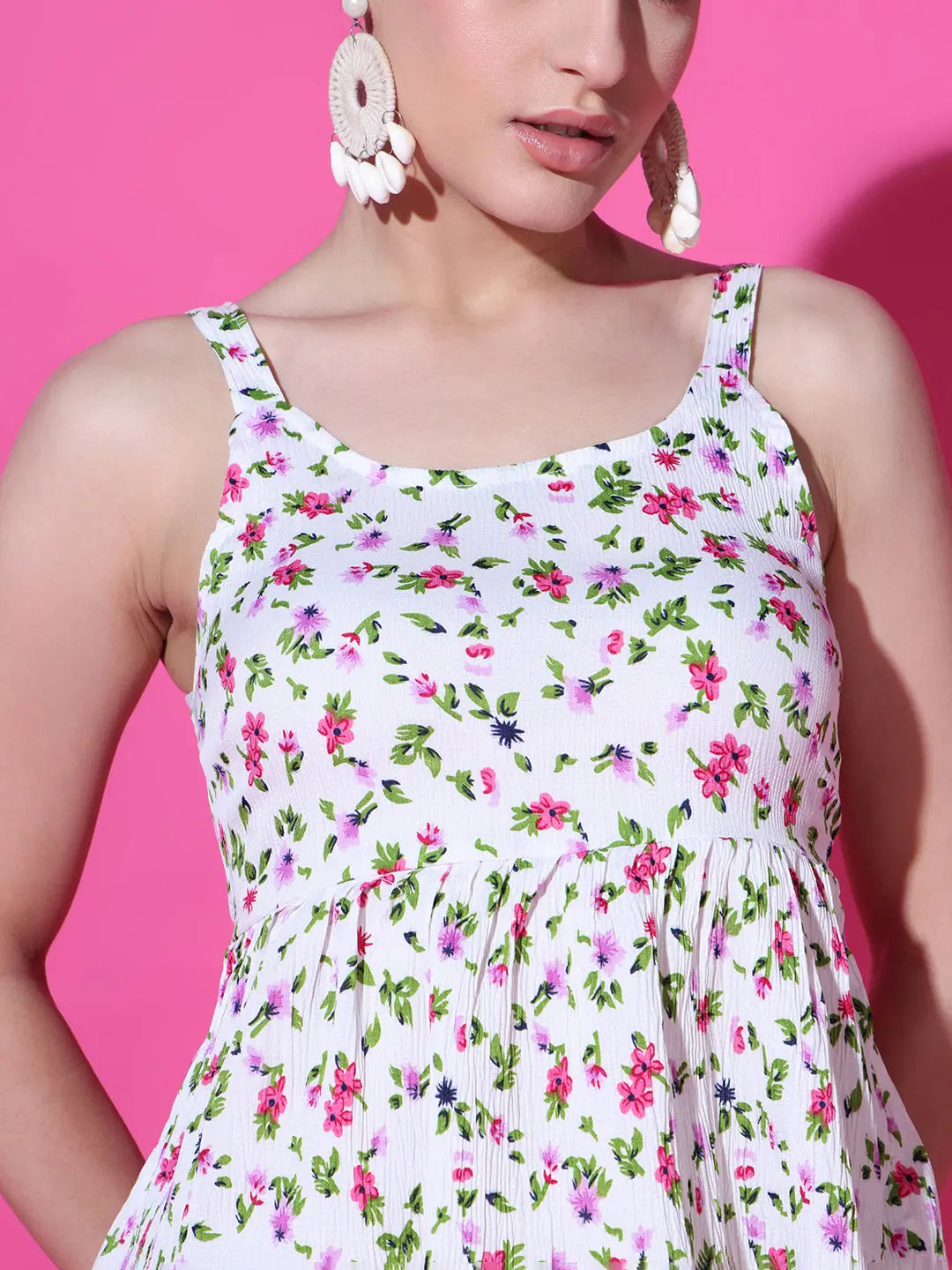 Cream Floral Print Strappy Sleeveless Peplum Top for Women