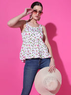 Cream Floral Print Strappy Sleeveless Peplum Top for Women