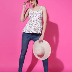 Cream Floral Print Strappy Sleeveless Peplum Top for Women