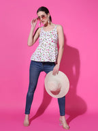 Cream Floral Print Strappy Sleeveless Peplum Top for Women