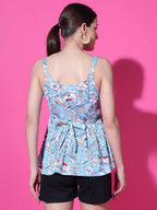 Sky Blue Floral Strappy Sleeveless Peplum Top for Women