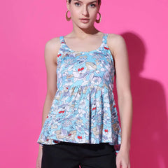 Sky Blue Floral Strappy Sleeveless Peplum Top for Women