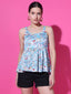Sky Blue Floral Strappy Sleeveless Peplum Top for Women