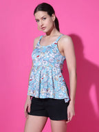 Sky Blue Floral Strappy Sleeveless Peplum Top for Women