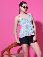 Sky Blue Floral Strappy Sleeveless Peplum Top for Women