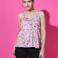 Peach Floral Strappy Sleeveless Peplum Top for Women