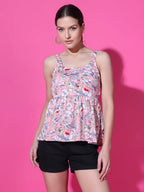 Peach Floral Strappy Sleeveless Peplum Top for Women