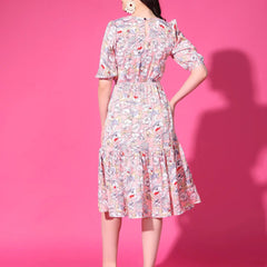 Peach Floral Puff Sleeve Crepe Fit & Flare Midi Dress with Round Neck, Short Sleeves, Gathered Details, and Flared Hemline