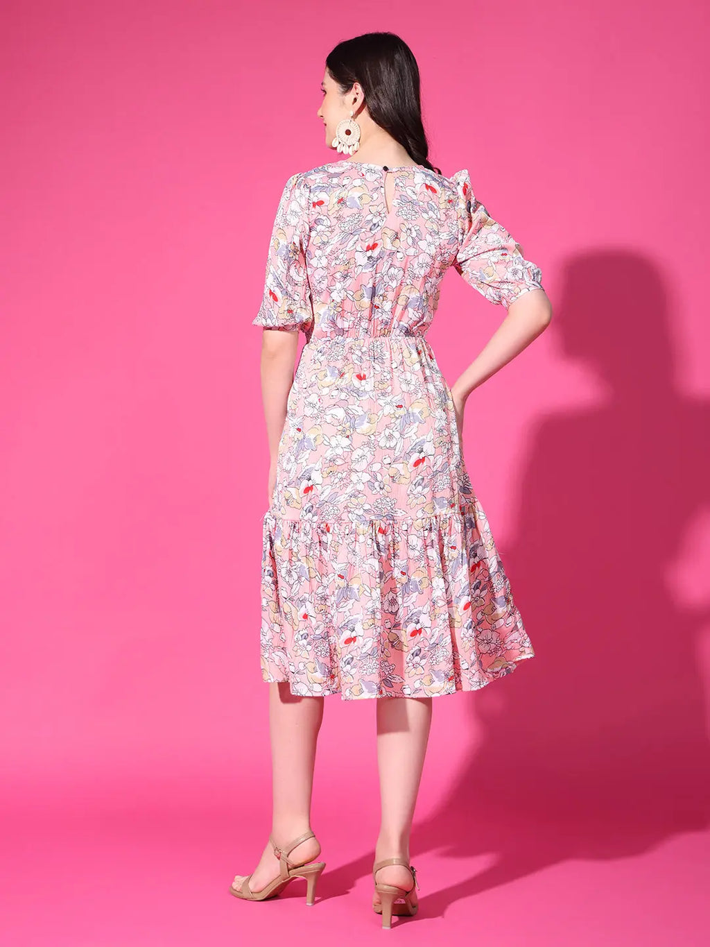 Peach Floral Puff Sleeve Crepe Fit & Flare Midi Dress with Round Neck, Short Sleeves, Gathered Details, and Flared Hemline