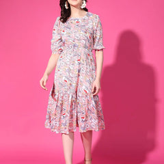 Peach Floral Puff Sleeve Crepe Fit & Flare Midi Dress with Round Neck, Short Sleeves, Gathered Details, and Flared Hemline
