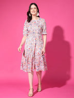 Peach Floral Puff Sleeve Crepe Fit & Flare Midi Dress with Round Neck, Short Sleeves, Gathered Details, and Flared Hemline