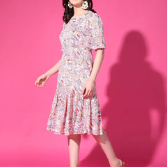 Peach Floral Puff Sleeve Crepe Fit & Flare Midi Dress with Round Neck, Short Sleeves, Gathered Details, and Flared Hemline