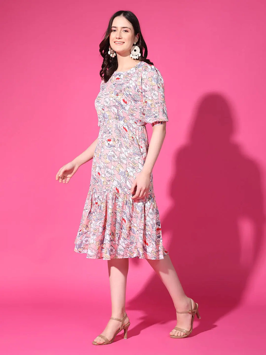 Peach Floral Puff Sleeve Crepe Fit & Flare Midi Dress with Round Neck, Short Sleeves, Gathered Details, and Flared Hemline