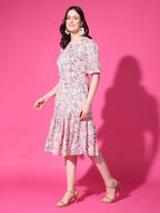 Peach Floral Puff Sleeve Crepe Fit & Flare Midi Dress with Round Neck, Short Sleeves, Gathered Details, and Flared Hemline