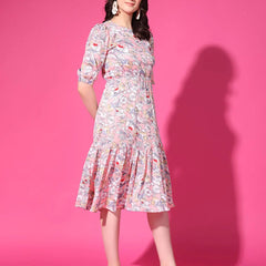 Peach Floral Puff Sleeve Crepe Fit & Flare Midi Dress with Round Neck, Short Sleeves, Gathered Details, and Flared Hemline