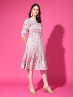 Peach Floral Puff Sleeve Crepe Fit & Flare Midi Dress with Round Neck, Short Sleeves, Gathered Details, and Flared Hemline