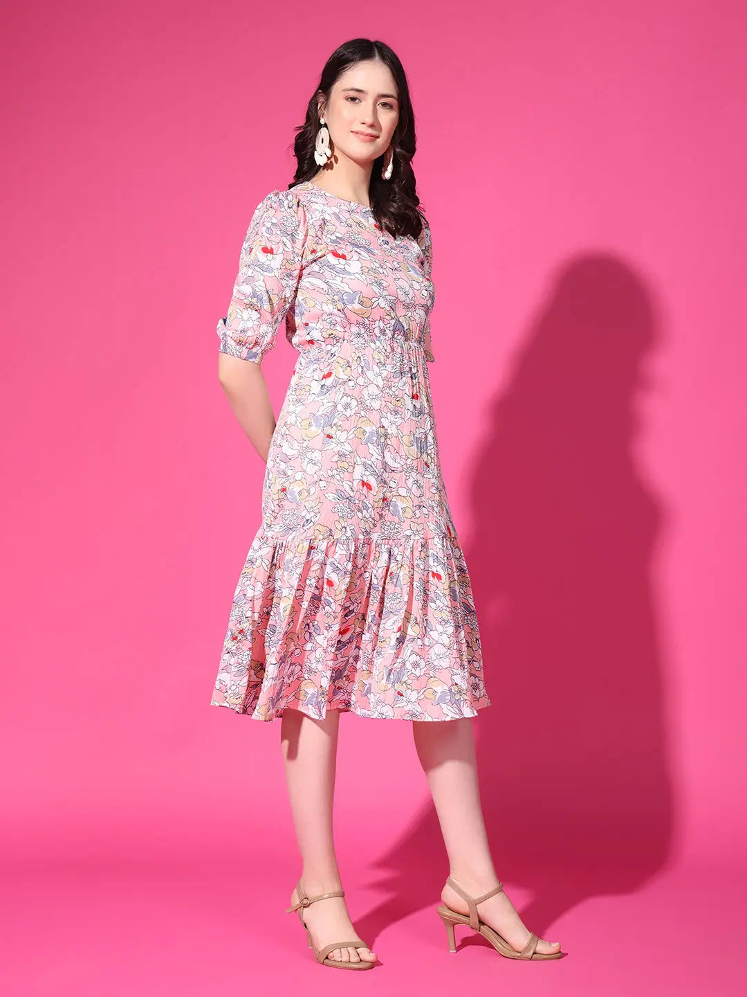 Peach Floral Puff Sleeve Crepe Fit & Flare Midi Dress with Round Neck, Short Sleeves, Gathered Details, and Flared Hemline