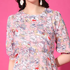Peach Floral Puff Sleeve Crepe Fit & Flare Midi Dress with Round Neck, Short Sleeves, Gathered Details, and Flared Hemline