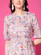 Peach Floral Puff Sleeve Crepe Fit & Flare Midi Dress with Round Neck, Short Sleeves, Gathered Details, and Flared Hemline