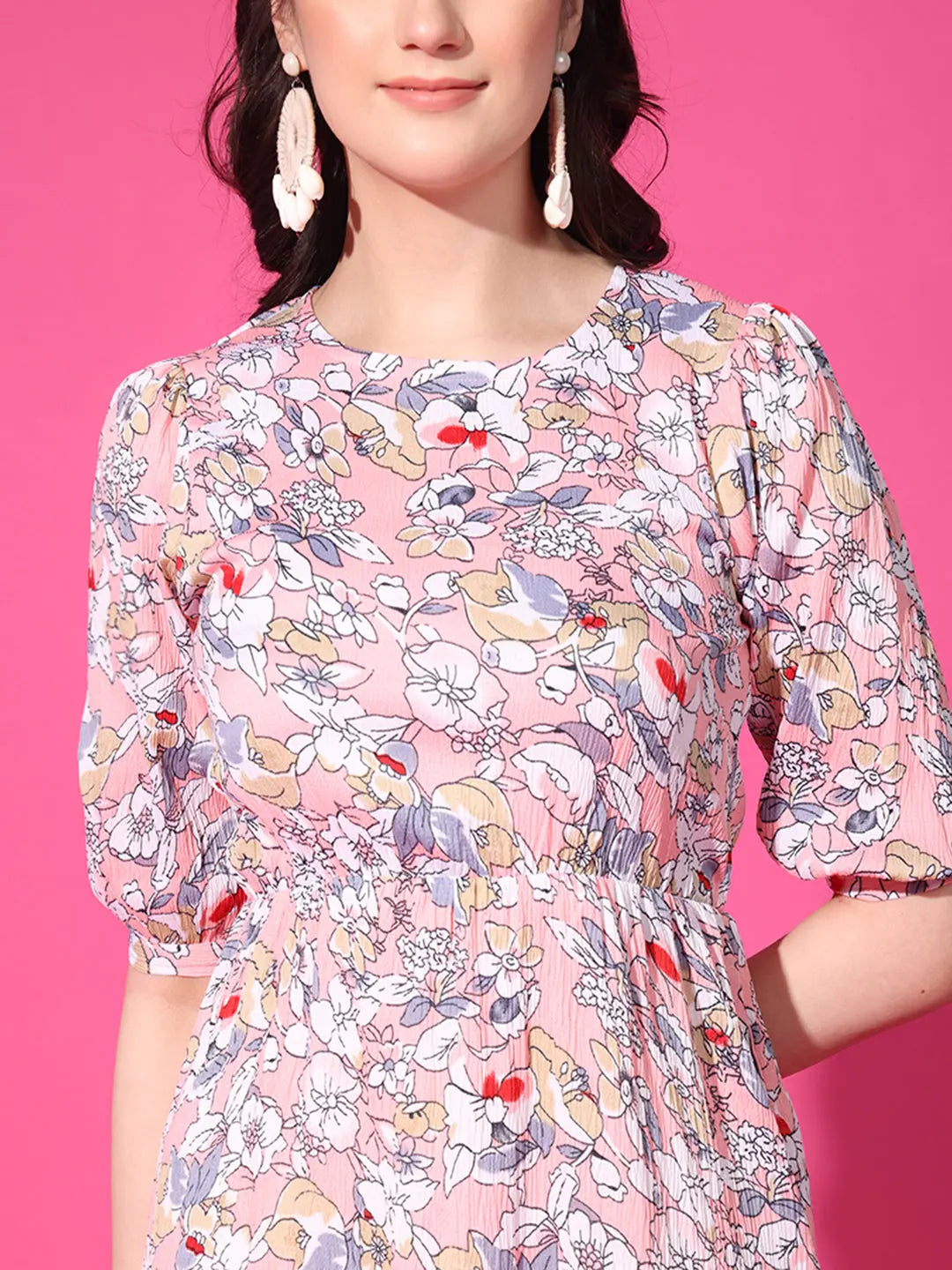 Peach Floral Puff Sleeve Crepe Fit & Flare Midi Dress with Round Neck, Short Sleeves, Gathered Details, and Flared Hemline