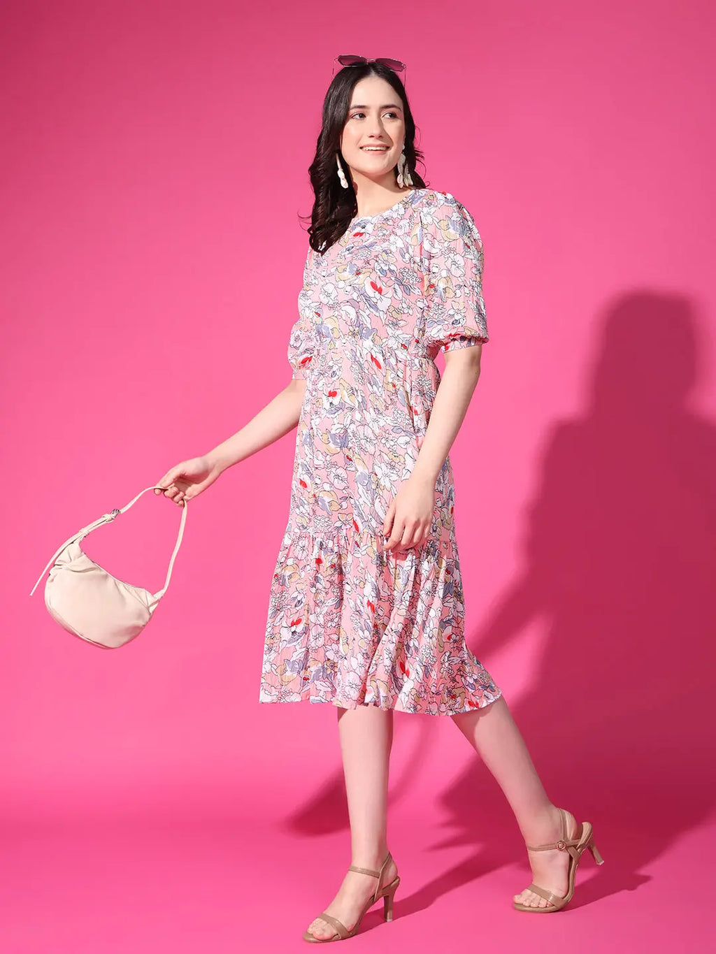 Peach Floral Puff Sleeve Crepe Fit & Flare Midi Dress with Round Neck, Short Sleeves, Gathered Details, and Flared Hemline
