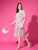 Peach Floral Puff Sleeve Crepe Fit & Flare Midi Dress with Round Neck, Short Sleeves, Gathered Details, and Flared Hemline