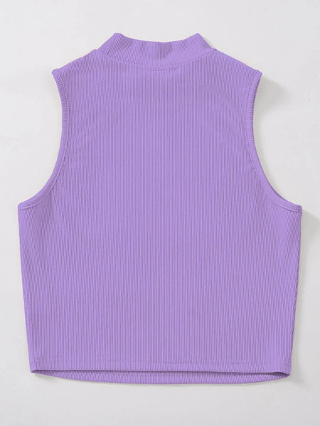Women's & Girls Lavender Solid Mock Neck Rib/Knit Sleeveless Stretchable Slim Fit Crop Tank Top Istyle Can
