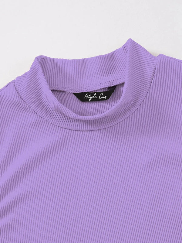 Women's & Girls Lavender Solid Mock Neck Rib/Knit Sleeveless Stretchable Slim Fit Crop Tank Top Istyle Can