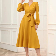 Mustard Belted Wrap Dress with Bishop Sleeves Surplice Neck High Waist & Flared Hem Midi Length