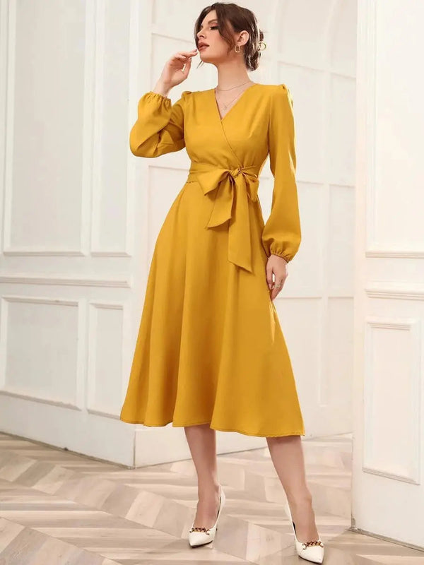 Mustard Belted Wrap Dress with Bishop Sleeves Surplice Neck High Waist & Flared Hem Midi Length