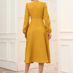 Mustard Belted Wrap Dress with Bishop Sleeves Surplice Neck High Waist & Flared Hem Midi Length