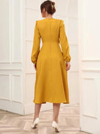 Mustard Belted Wrap Dress with Bishop Sleeves Surplice Neck High Waist & Flared Hem Midi Length
