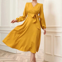 Mustard Belted Wrap Dress with Bishop Sleeves Surplice Neck High Waist & Flared Hem Midi Length
