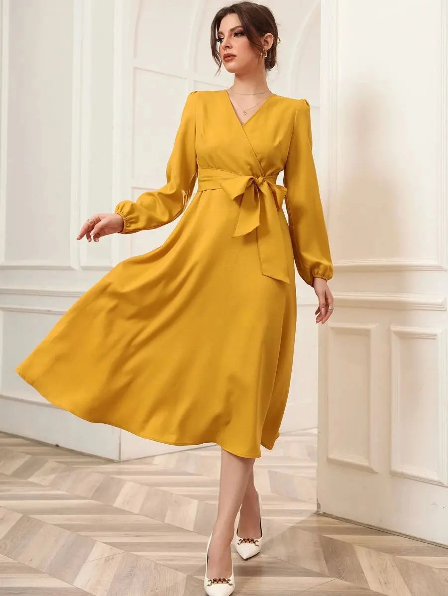 Mustard Belted Wrap Dress with Bishop Sleeves Surplice Neck High Waist & Flared Hem Midi Length