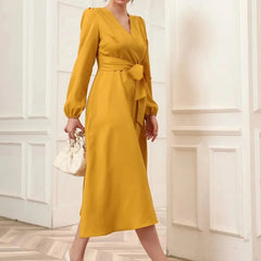 Mustard Belted Wrap Dress with Bishop Sleeves Surplice Neck High Waist & Flared Hem Midi Length