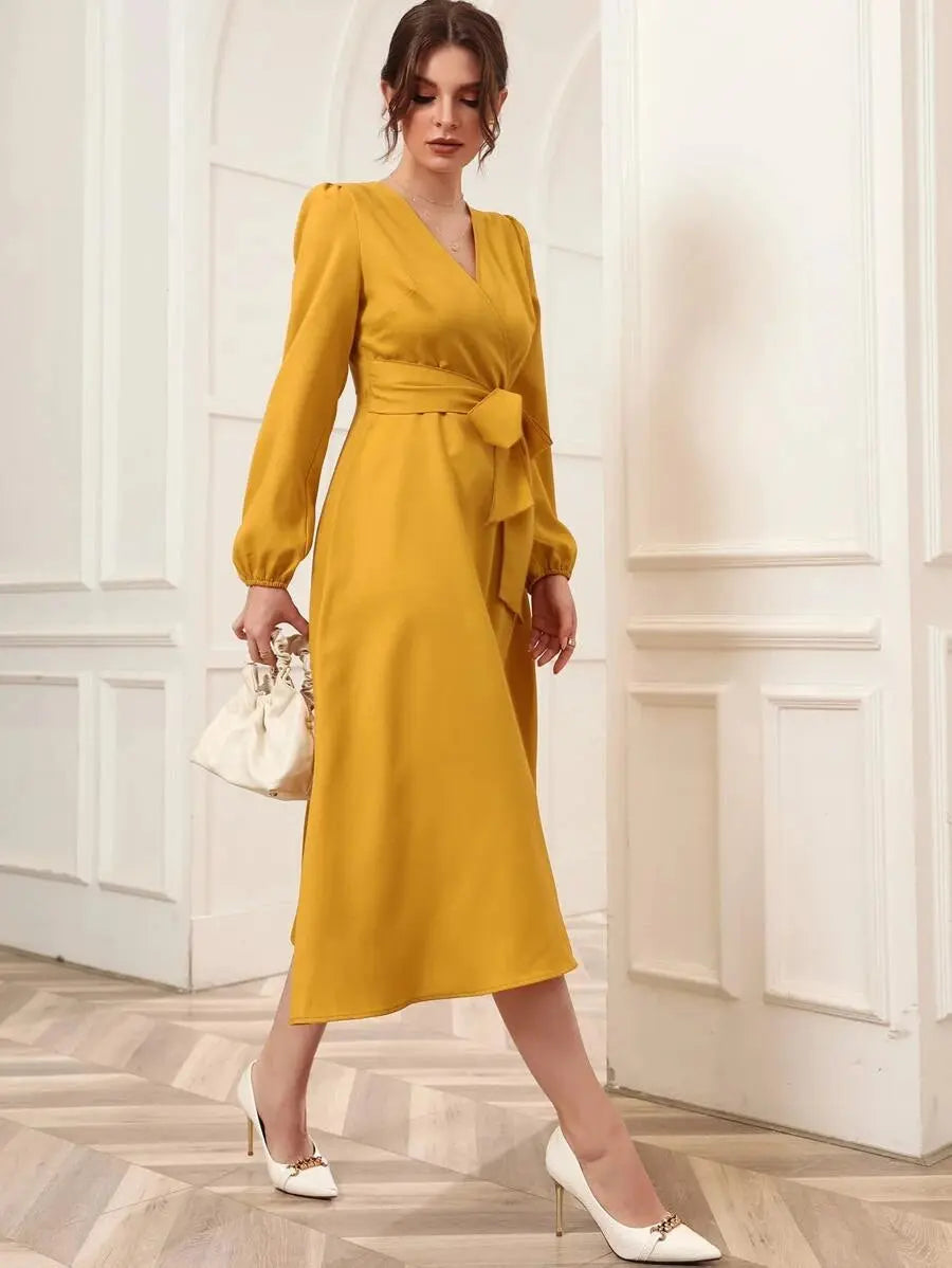 Mustard Belted Wrap Dress with Bishop Sleeves Surplice Neck High Waist & Flared Hem Midi Length Secondary image