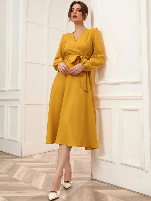 Mustard Belted Wrap Dress with Bishop Sleeves Surplice Neck High Waist & Flared Hem Midi Length