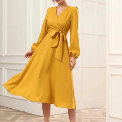 Mustard Belted Wrap Dress with Bishop Sleeves Surplice Neck High Waist & Flared Hem Midi Length