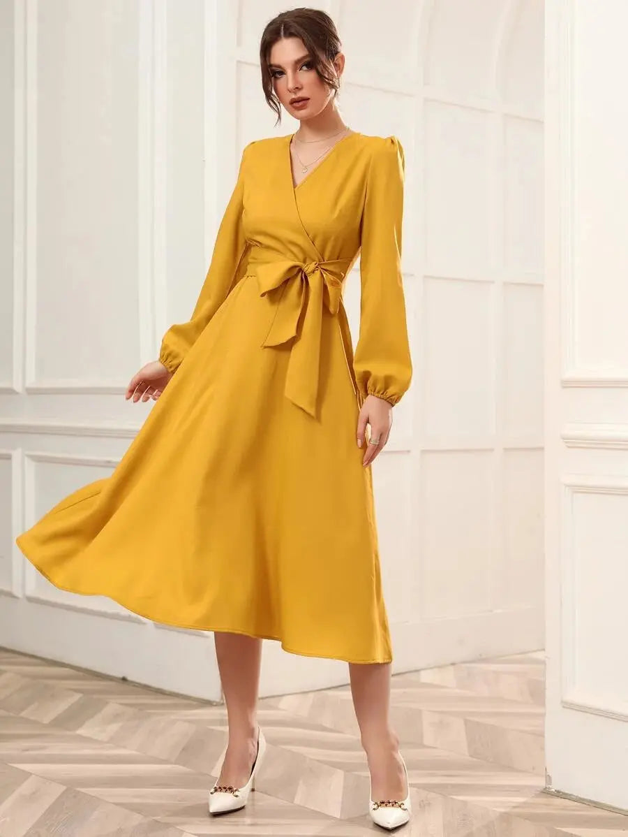 Mustard Belted Wrap Dress with Bishop Sleeves Surplice Neck High Waist & Flared Hem Midi Length