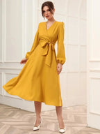 Mustard Belted Wrap Dress with Bishop Sleeves Surplice Neck High Waist & Flared Hem Midi Length