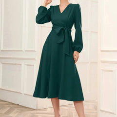 Green Belted Wrap Dress with Bishop Sleeves Surplice Neck High Waist & Flared Hem Midi Length