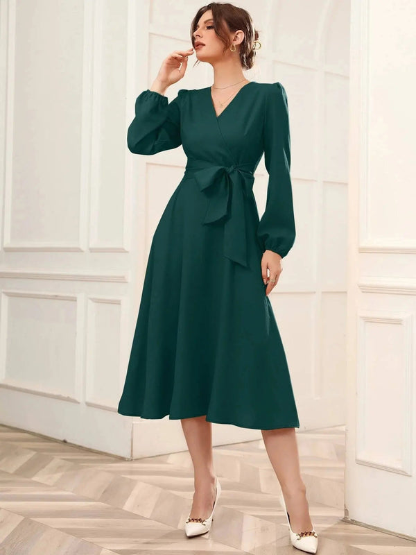 Green Belted Wrap Dress with Bishop Sleeves Surplice Neck High Waist & Flared Hem Midi Length