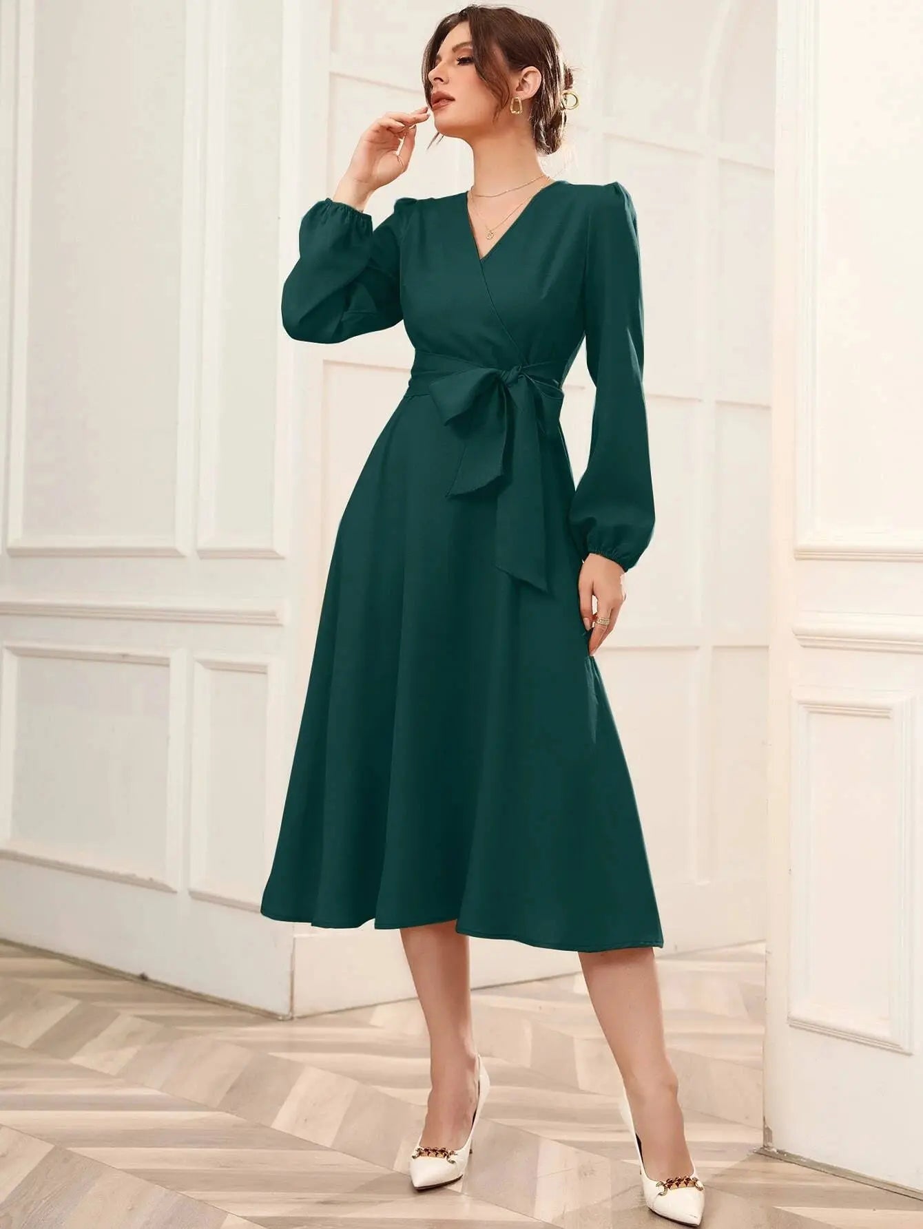 Green Belted Wrap Dress with Bishop Sleeves Surplice Neck High Waist & Flared Hem Midi Length Secondary image