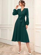 Green Belted Wrap Dress with Bishop Sleeves Surplice Neck High Waist & Flared Hem Midi Length