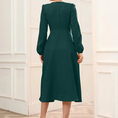 Green Belted Wrap Dress with Bishop Sleeves Surplice Neck High Waist & Flared Hem Midi Length