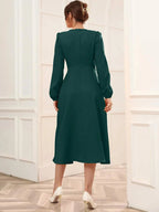 Green Belted Wrap Dress with Bishop Sleeves Surplice Neck High Waist & Flared Hem Midi Length