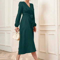 Green Belted Wrap Dress with Bishop Sleeves Surplice Neck High Waist & Flared Hem Midi Length