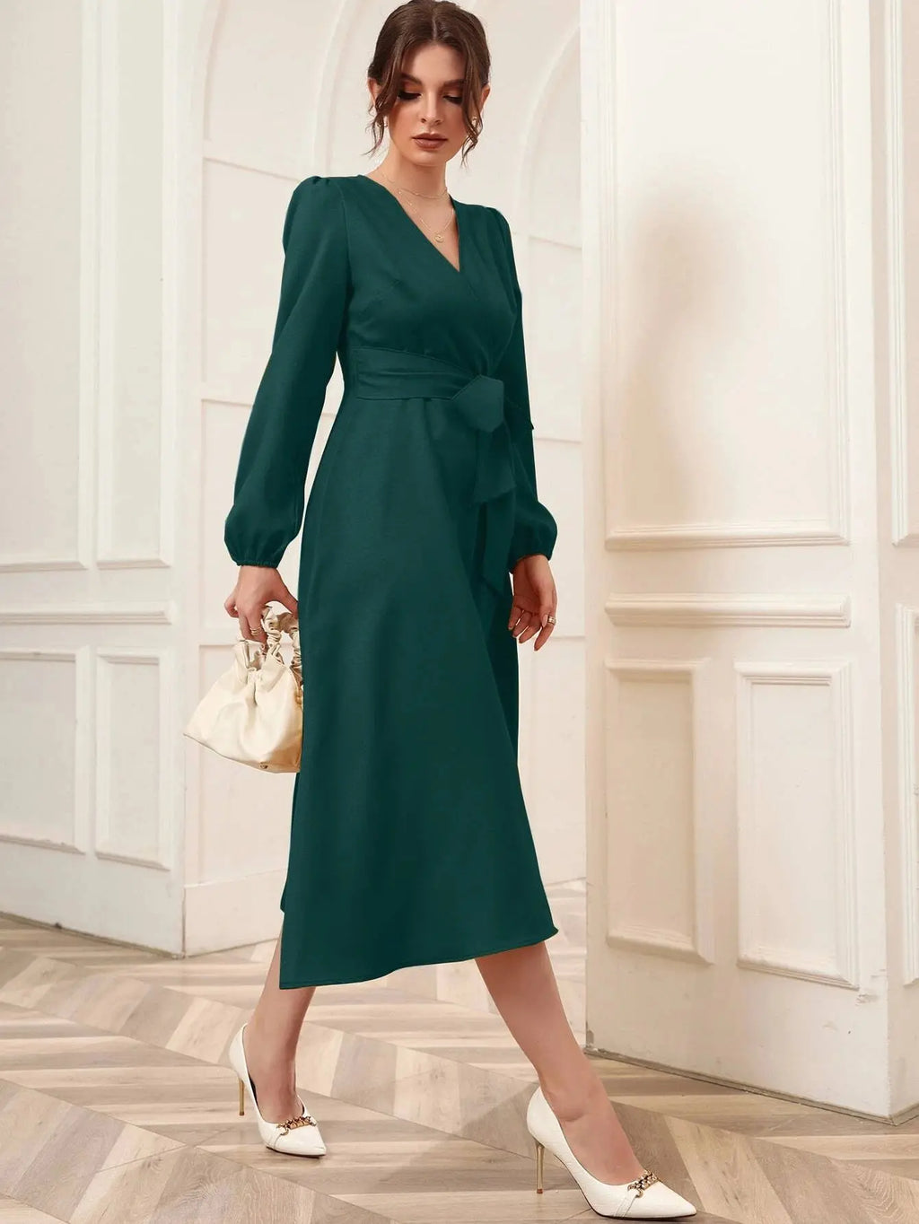 Green Belted Wrap Dress with Bishop Sleeves Surplice Neck High Waist & Flared Hem Midi Length