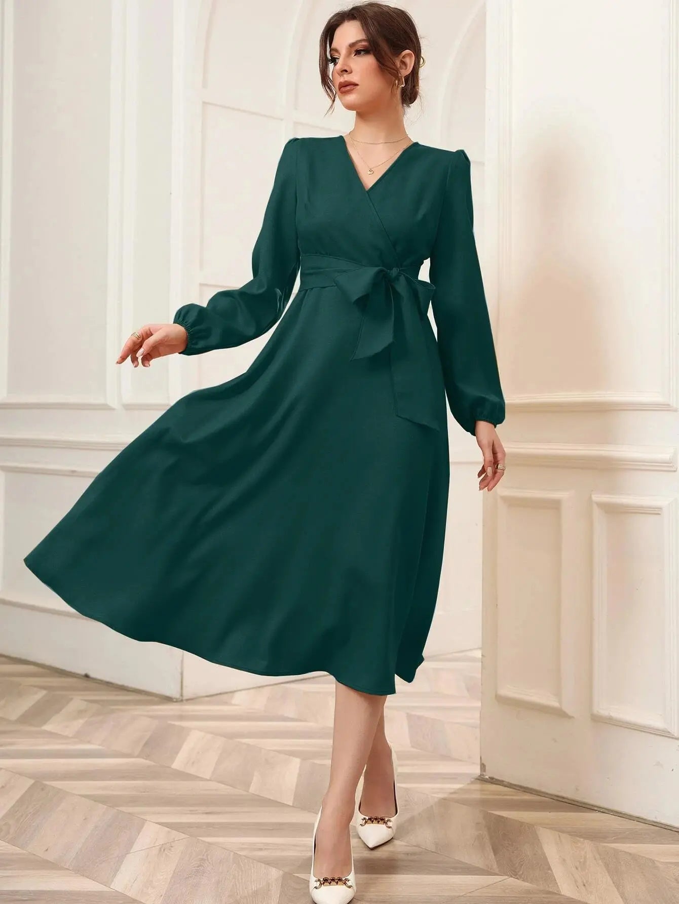 Green Belted Wrap Dress with Bishop Sleeves Surplice Neck High Waist & Flared Hem Midi Length