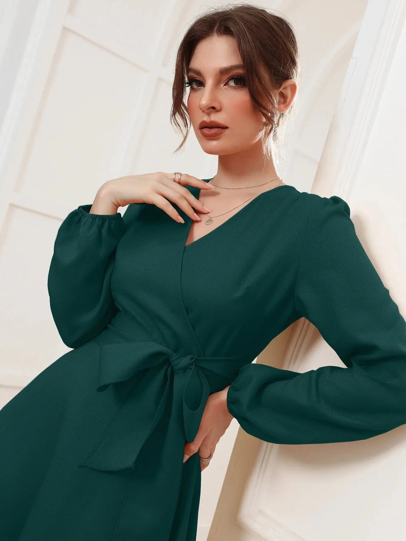 Green Belted Wrap Dress with Bishop Sleeves Surplice Neck High Waist & Flared Hem Midi Length